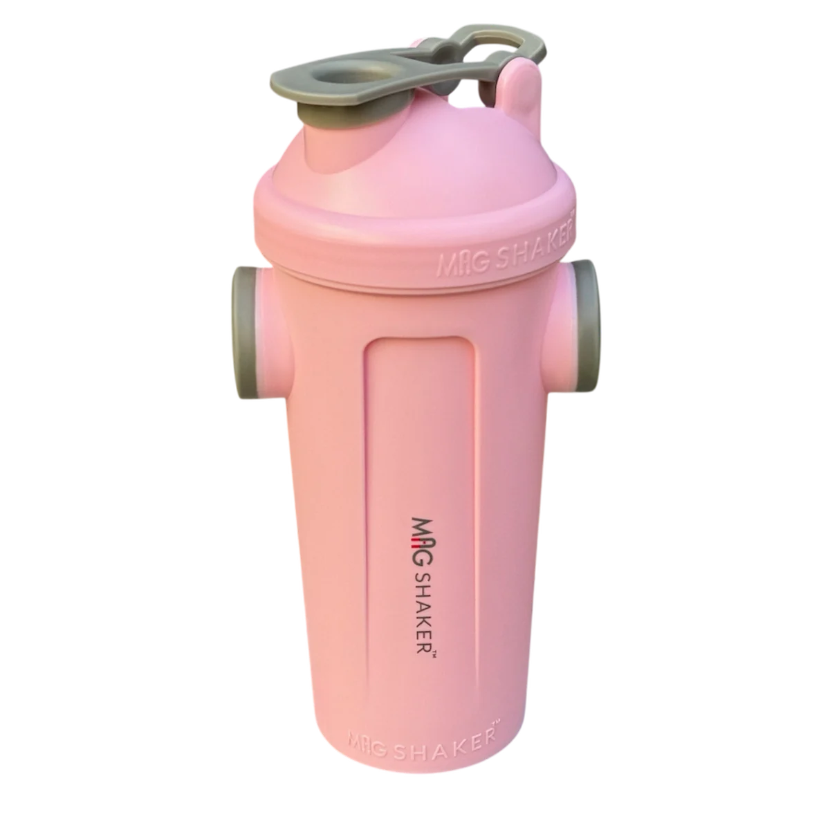 Mag Shaker bottle with dual built-in magnets designed to hold a phone and bottle on gym equipment, featuring the brand name on a transparent background
