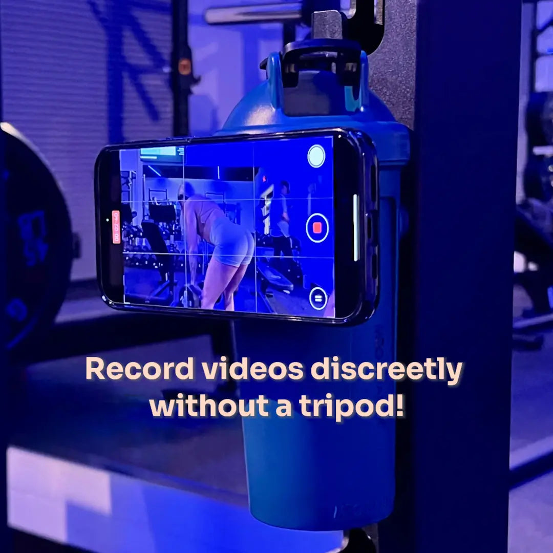 Phone mounted on gym equipment with smartphone screen displaying video recording interface, text 'Record videos discreetly without a tripod!'.