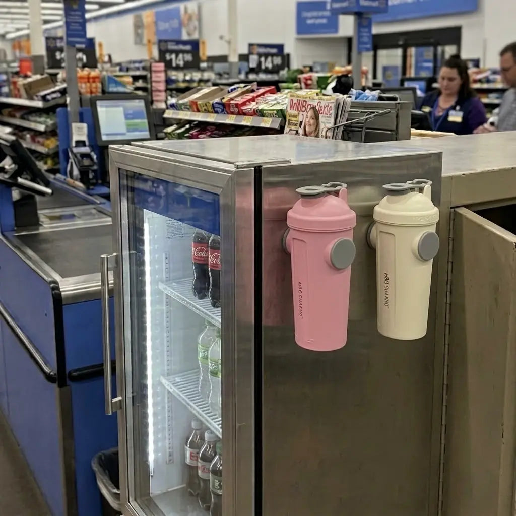 Pink and cream Mag Shaker magnetic bottles displayed on a checkout fridge