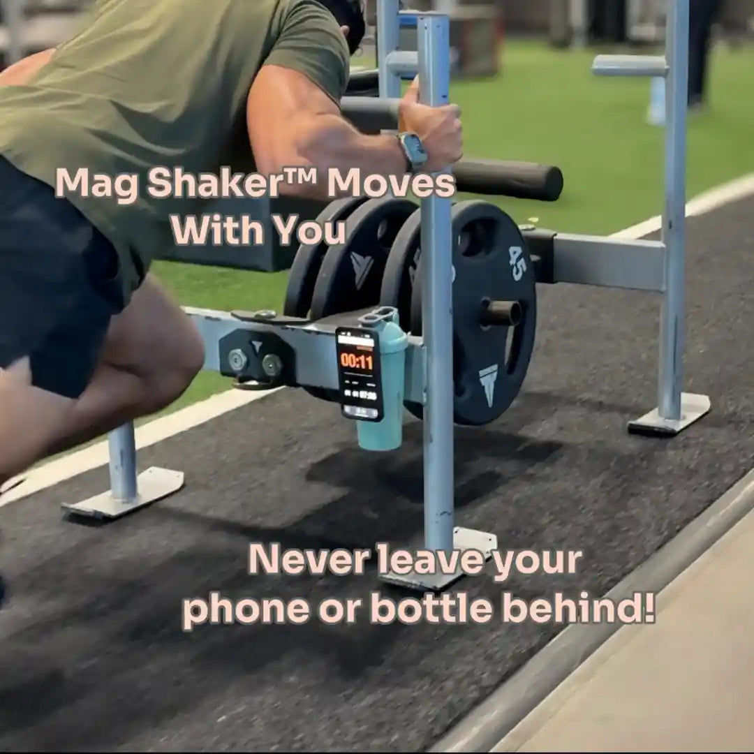 Mag Shaker magnetic bottle is mounted to a sled with a phone attached to the opposite magnet on the bottle to track workout duration