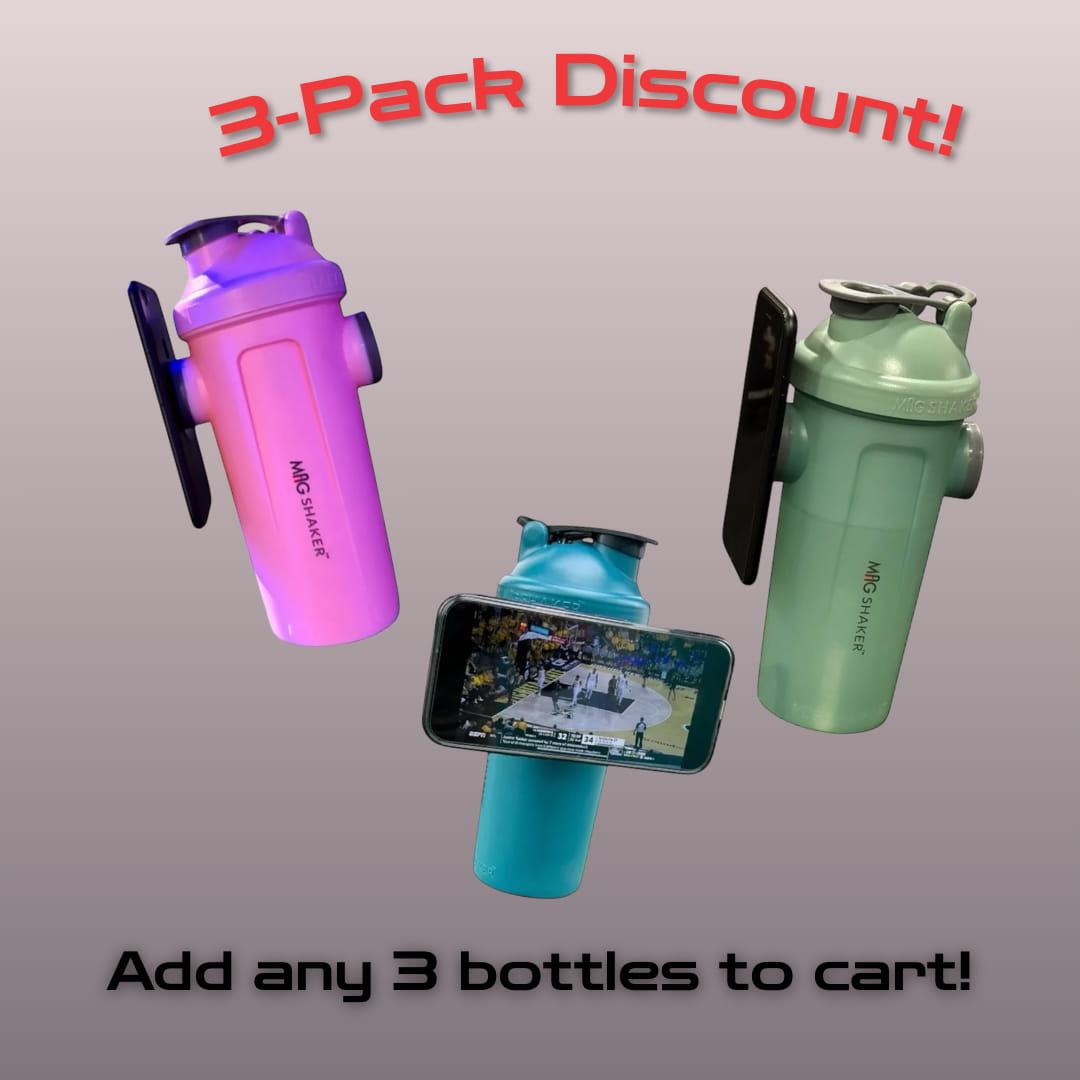 Three colorful Mag Shaker bottles with a phone displaying a sports game, on a gray background with promotional text.