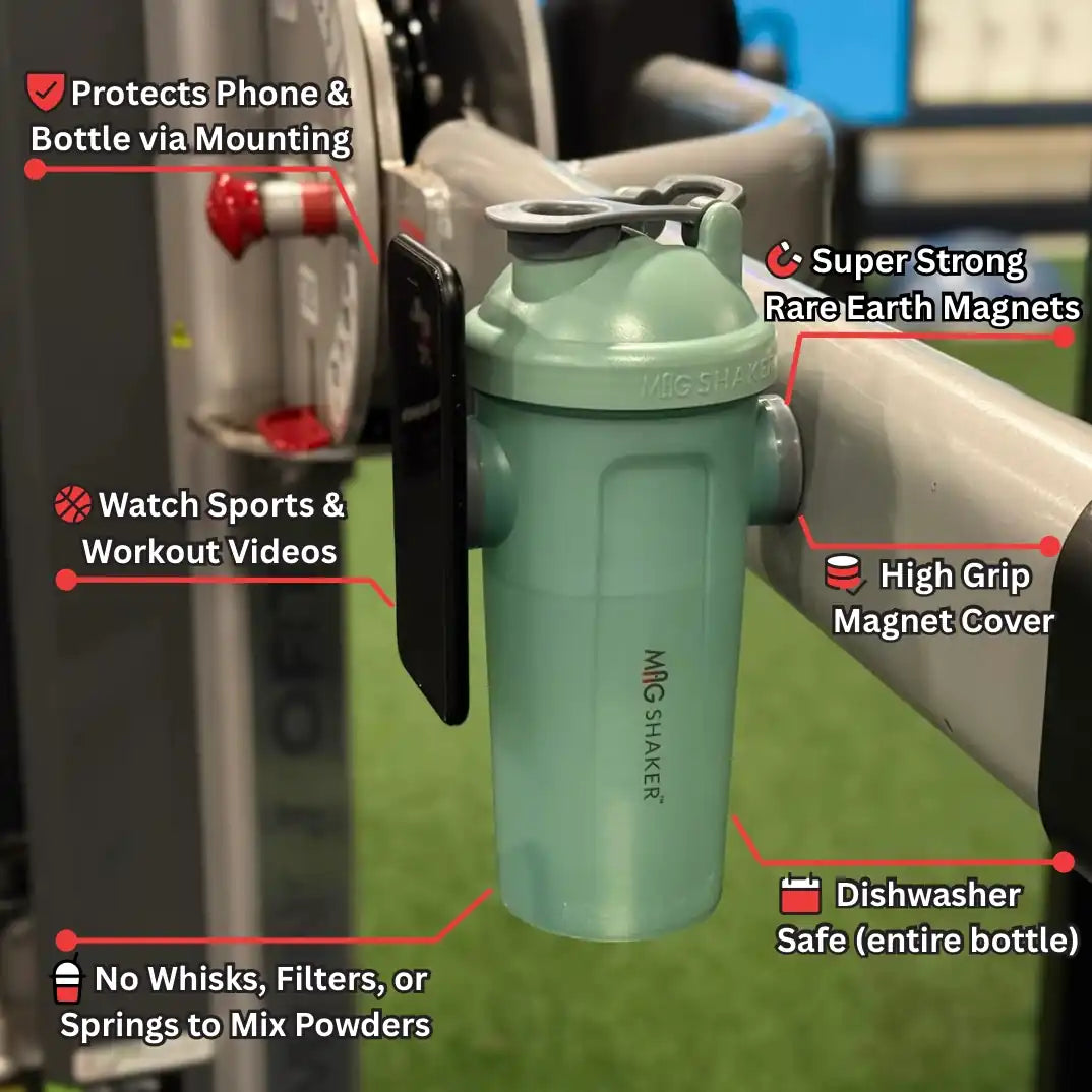 Green Mag Shaker bottle mounted on gym equipment with features highlighted
