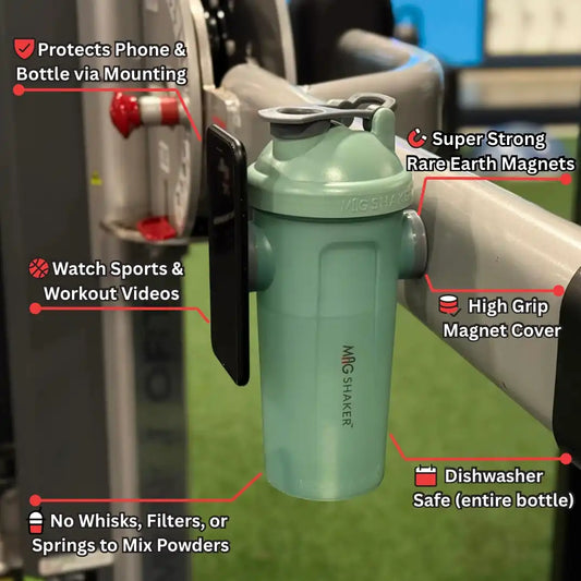 Green Mag Shaker bottle mounted on gym equipment with features highlighted