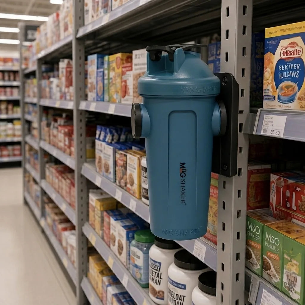 Blue Mag Shaker magnetic bottle mounted on a retail store shelf beam